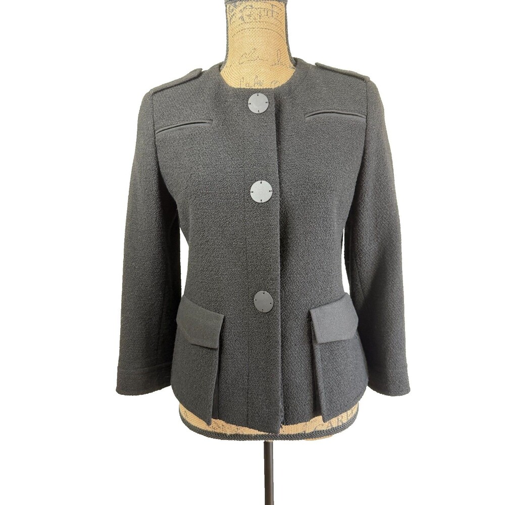 Akris Punto Black Bouclé Wool Jacket US 6 Snap Front Collarless Switzerland